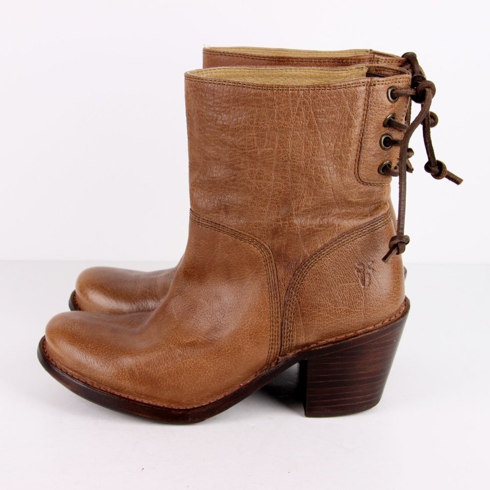 Frye Carmen Back Lace Booties 5.5 Fawn Ankle Boots Tan Leather
